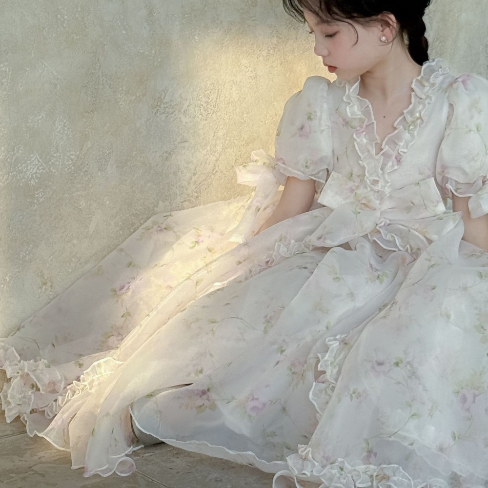 親子V領碎花連衣紗裙S503221-細節圖6