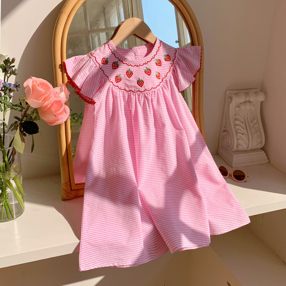 草莓刺繡條紋連衣裙S504130-細節圖3