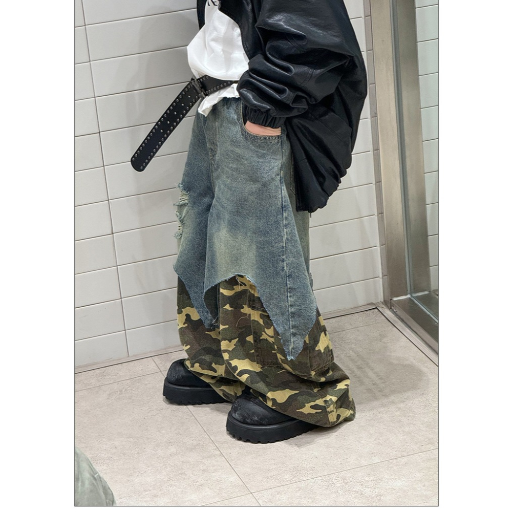 牛仔拼接假兩件長褲S509417-細節圖2