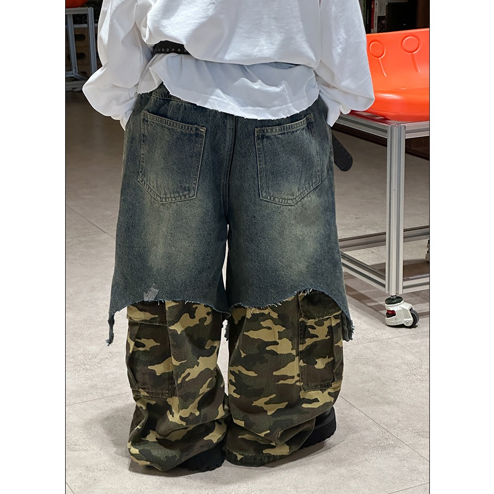 牛仔拼接假兩件長褲S509417-細節圖3