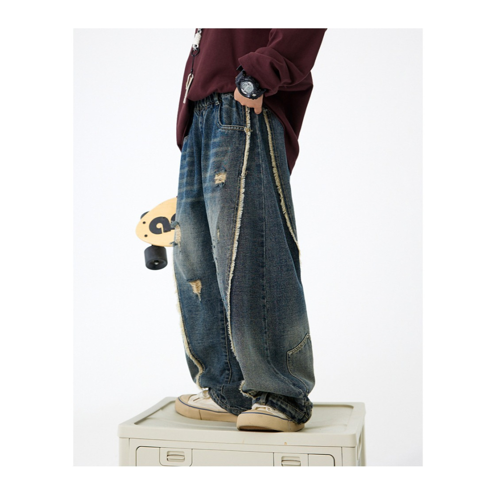 闊腿破洞牛仔褲S509418-細節圖2