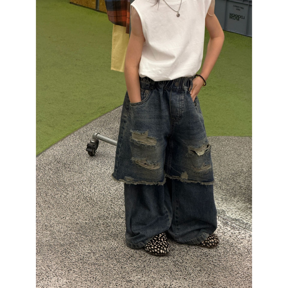 做舊復古藍假兩件牛仔褲S602307-細節圖2