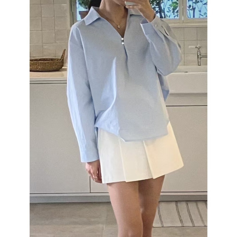 T037-霜藍珠光襯衫-細節圖2