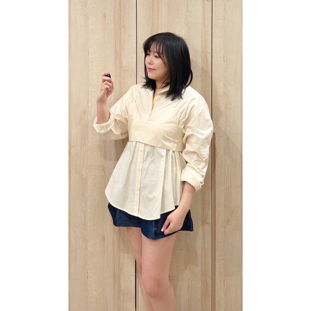 T042-雙層設計硬挺襯衫-清新藍/奶油黃-細節圖3