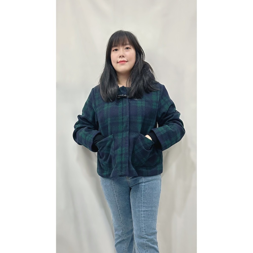 O010-毛格子鋪棉連帽外套-黑白格/藍綠格-細節圖3