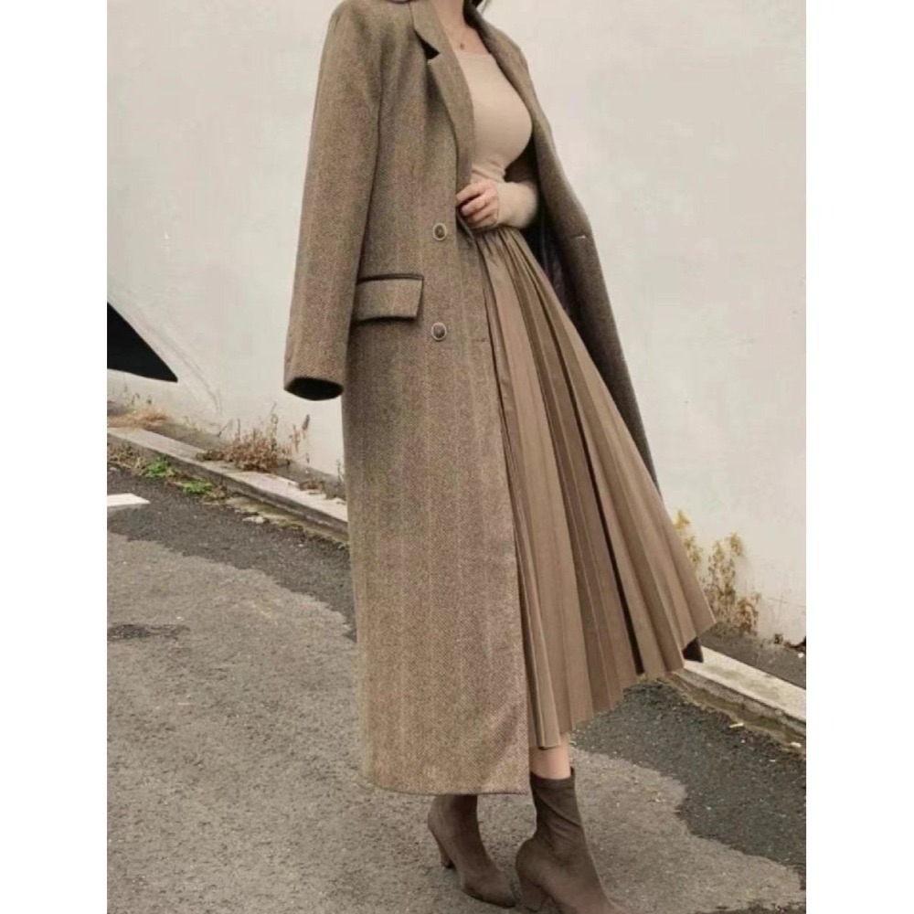 O013-時尚過膝長版大衣-咖色/灰色-細節圖2