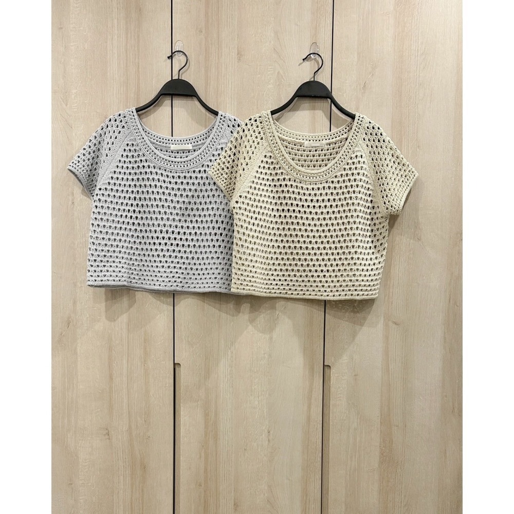 T058-薄霧鉤織短袖上衣/米色 (現貨)-細節圖2