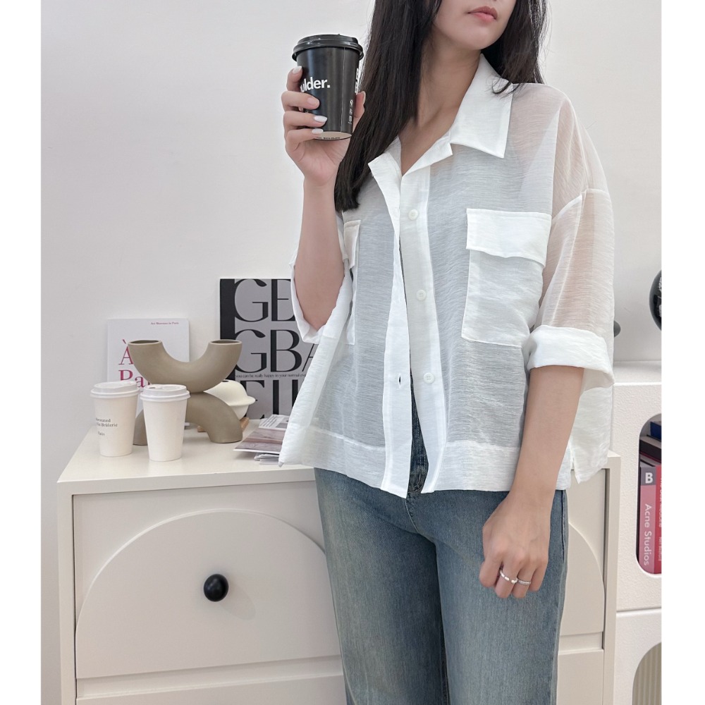 T067-靜謐時光口袋襯衫/白.灰 (現貨)-規格圖2