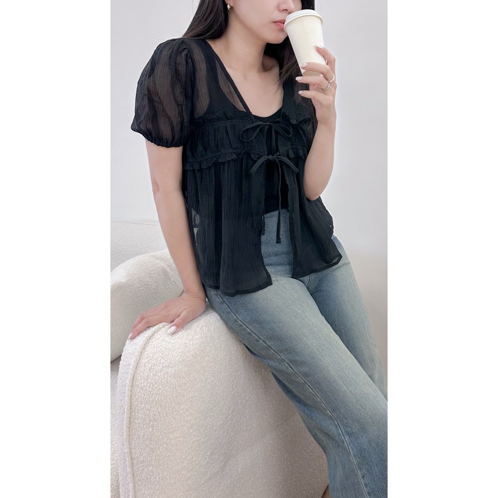 T071-法式薄紗綁帶上衣-細節圖2