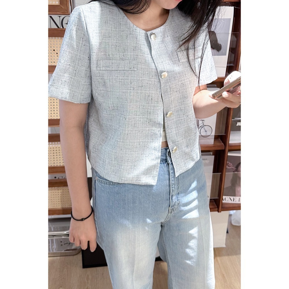 O019-霧光圓領氣質短袖外套/灰 (現貨)-細節圖2