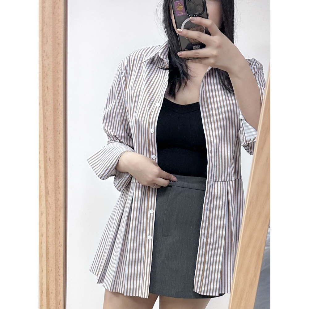 S008-咖色條紋百褶連身裙-細節圖6