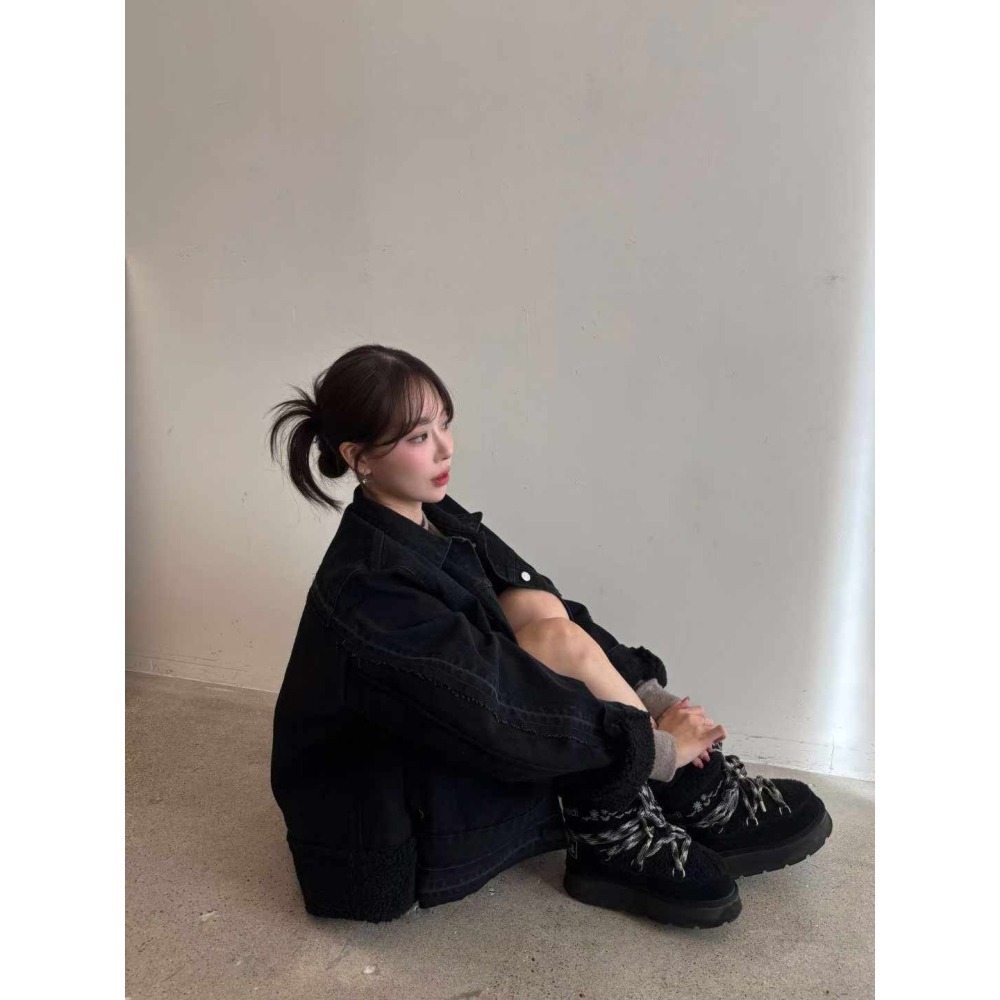 O028-酷黑拼接羊羔絨牛仔外套 (現貨)-細節圖4