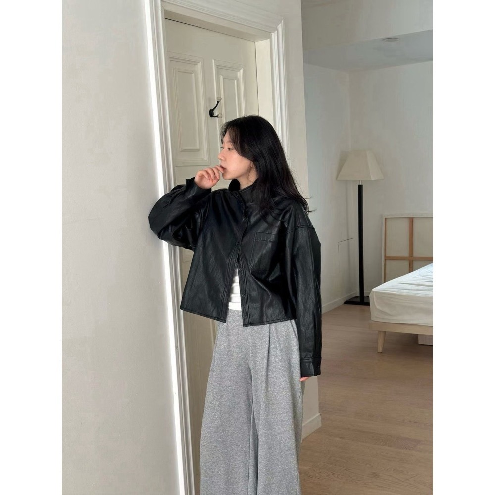 T085-短版皮感襯衫外套 (現貨)-細節圖2