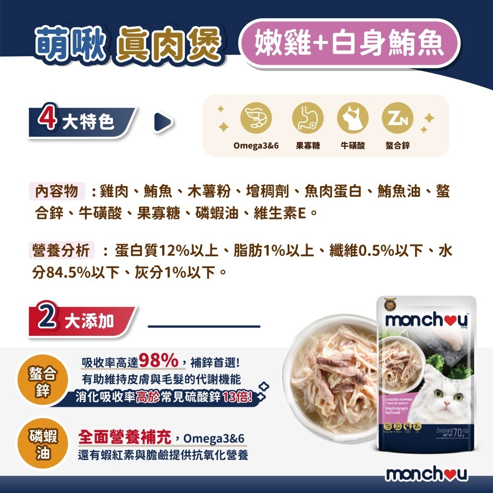 貓奴小舖 Maonu Shop🐈 萌啾 monchou 真肉煲「嫩雞+白身鮪魚 1號」貓餐包 貓補水 肉絲 無穀-細節圖2