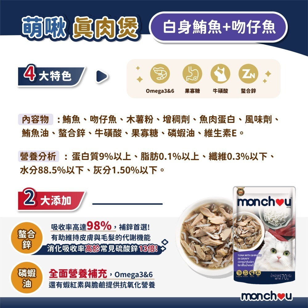 貓奴小舖 Maonu Shop🐈 萌啾 monchou 真肉煲「白身鮪魚+吻仔魚8號」貓餐包 貓補水 肉絲 無穀-細節圖2