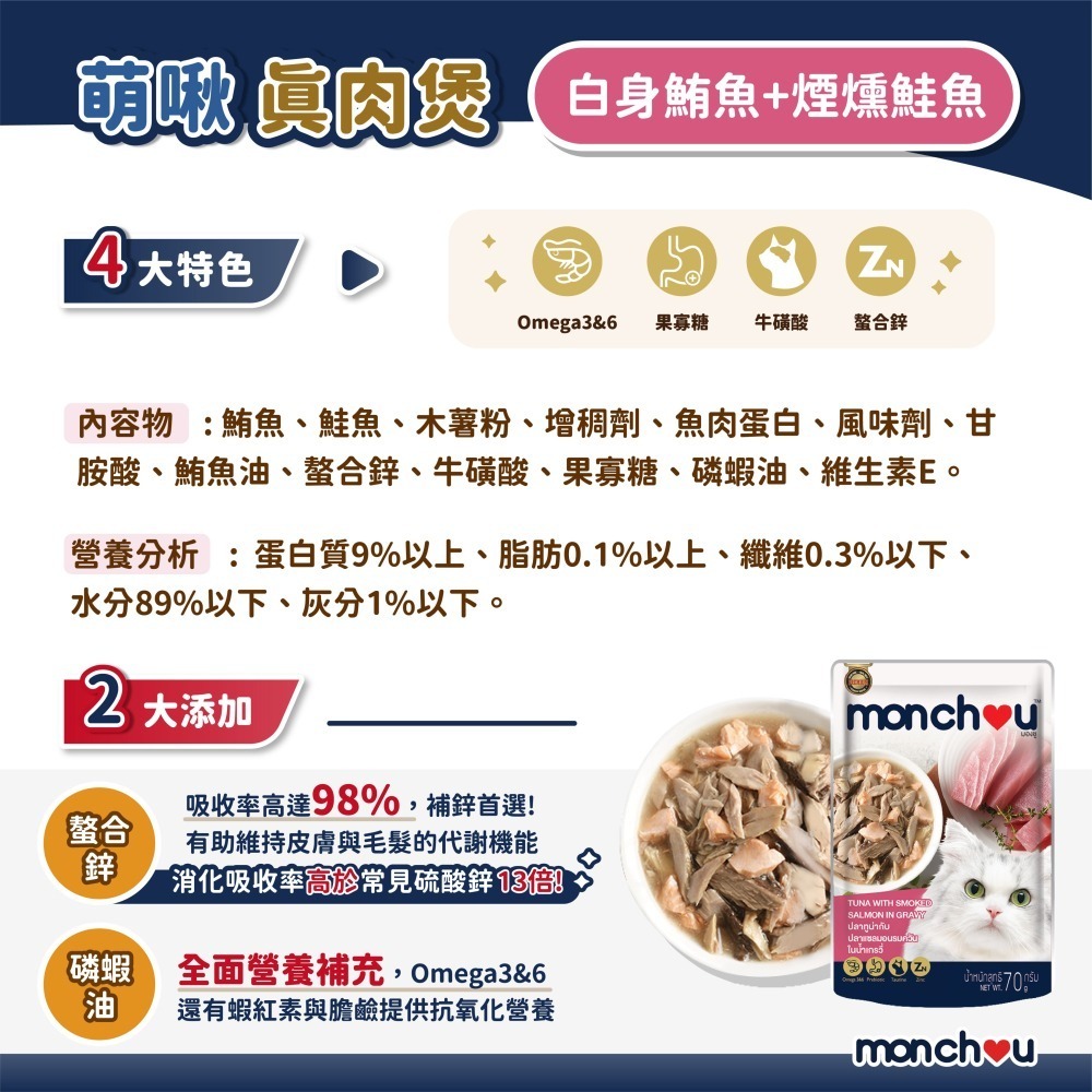 貓奴小舖 Maonu Shop🐈 萌啾 monchou 真肉煲「白身鮪魚+煙燻鮭魚10號」貓餐包 貓補水 肉絲 無穀-細節圖2