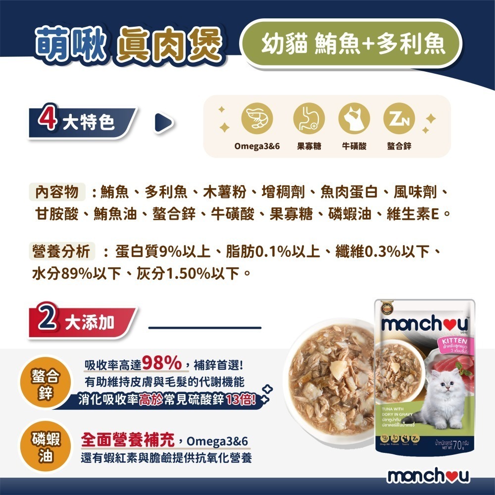 貓奴小舖 Maonu Shop🐈 萌啾 monchou 真肉煲「幼貓 鮪魚+多利魚11號」貓餐包 貓補水-細節圖2