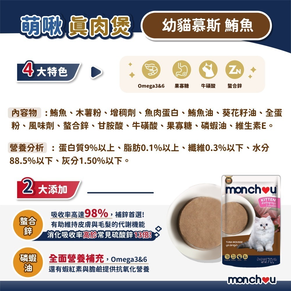 貓奴小舖 Maonu Shop🐈 萌啾 monchou 真肉煲「幼貓慕斯-鮪魚12號」貓餐包 貓補水-細節圖2