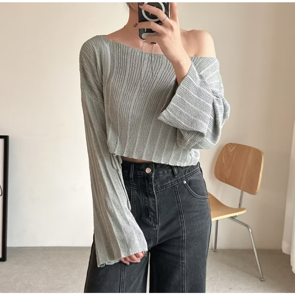 ✨全新 正韓🇰🇷早秋單邊抽繩斜肩針織 灰綠-細節圖2