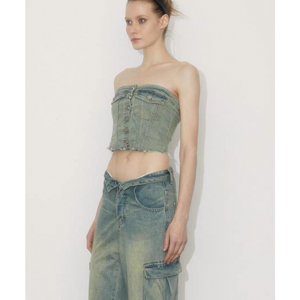 ✨全新 辣妹牛仔排釦平口-細節圖2