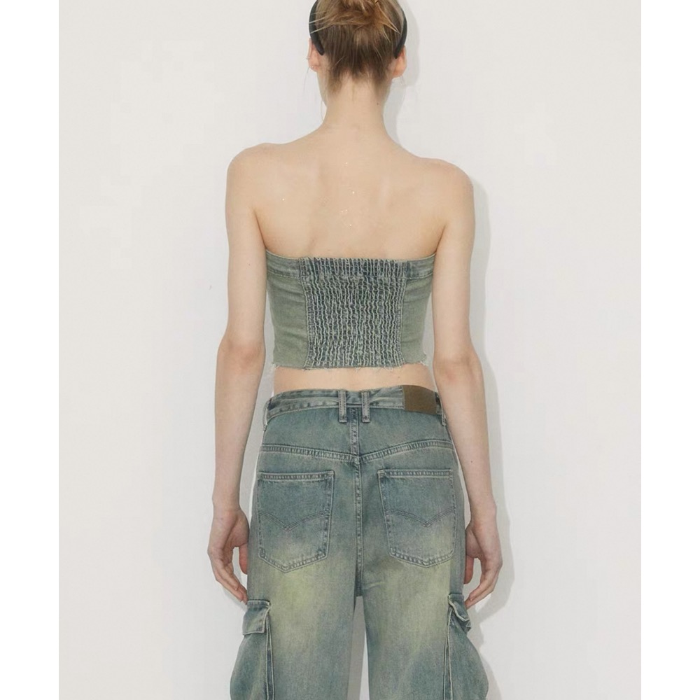 ✨全新 辣妹牛仔排釦平口-細節圖3