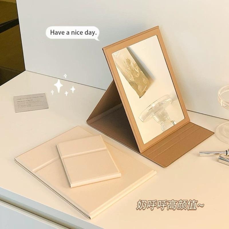 🛸快速出貨 奶茶系質感折疊鏡 折疊化妝鏡 鏡子 化妝鏡 折疊鏡 迷你鏡 桌上鏡 鏡子 旅遊攜帶 隨身鏡 立鏡 桌鏡-細節圖4