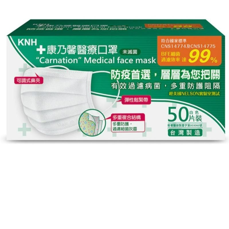 宅配賣場 KNH 康乃馨 醫療口罩50片x6盒 共300片 台灣製/未滅菌/一般耳帶有效過濾(粉紅/藍 款式任選)-規格圖1