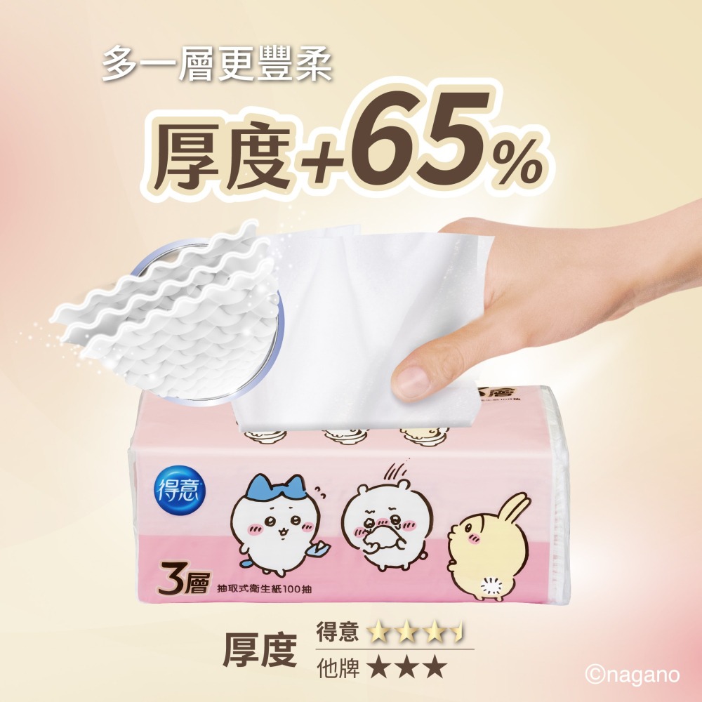 【宅配賣場】得意 三層吉伊卡哇連續抽取式花紋衛生紙100抽6包6串-細節圖3