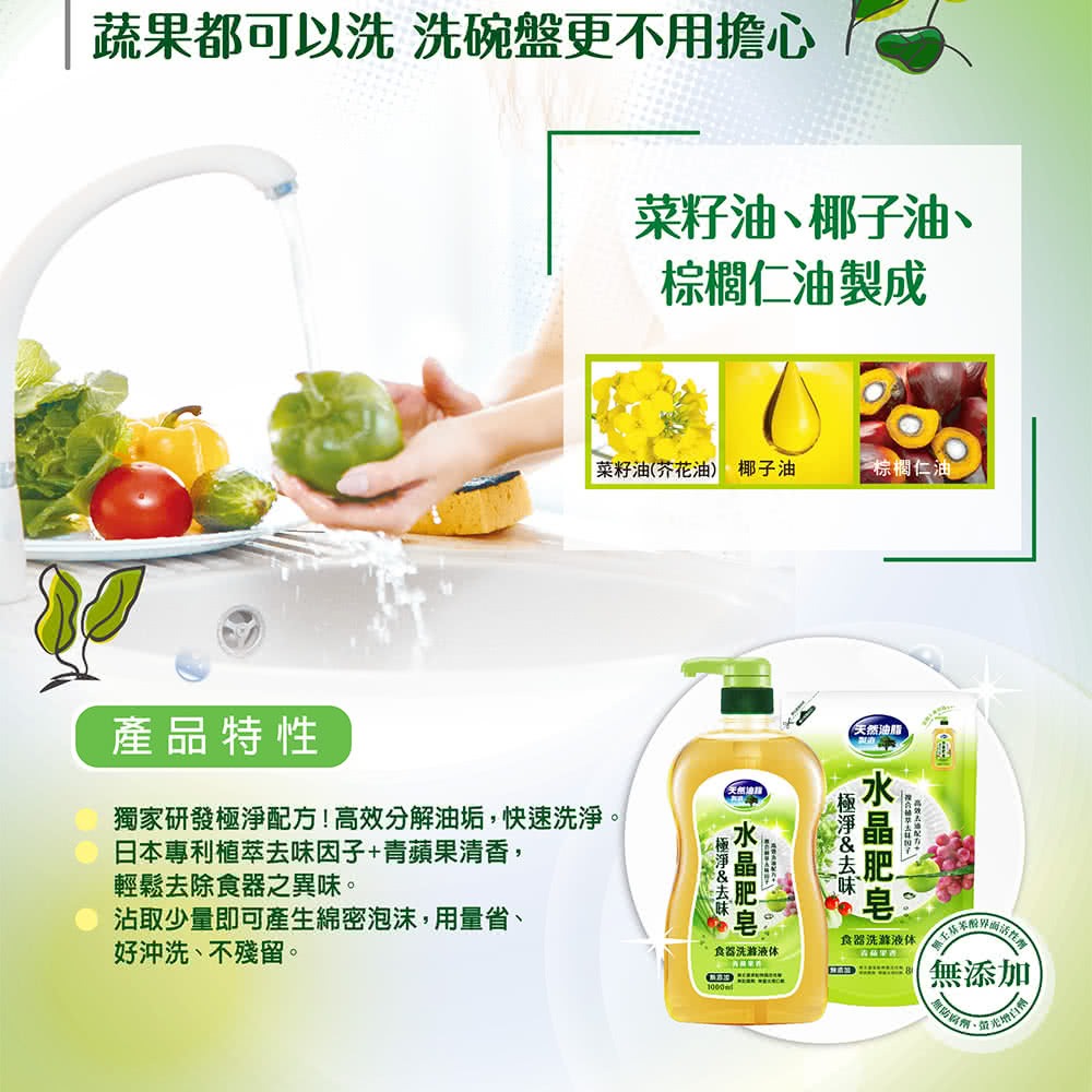 【超取賣場】南僑 水晶肥皂食器洗滌液體洗碗精-極淨去味(青蘋果香)1000ml/瓶裝、800ml補充包-細節圖4