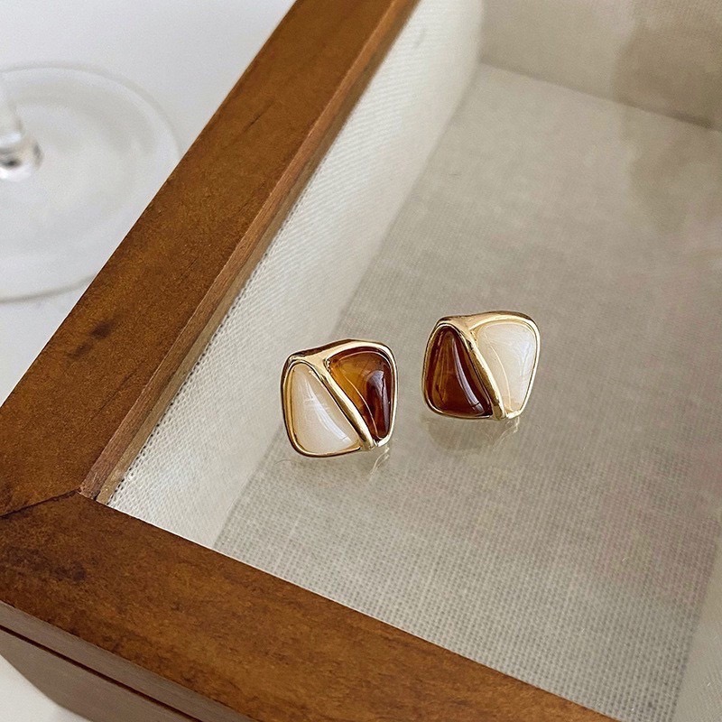 《925銀針》復古拼色琥珀耳環-細節圖3