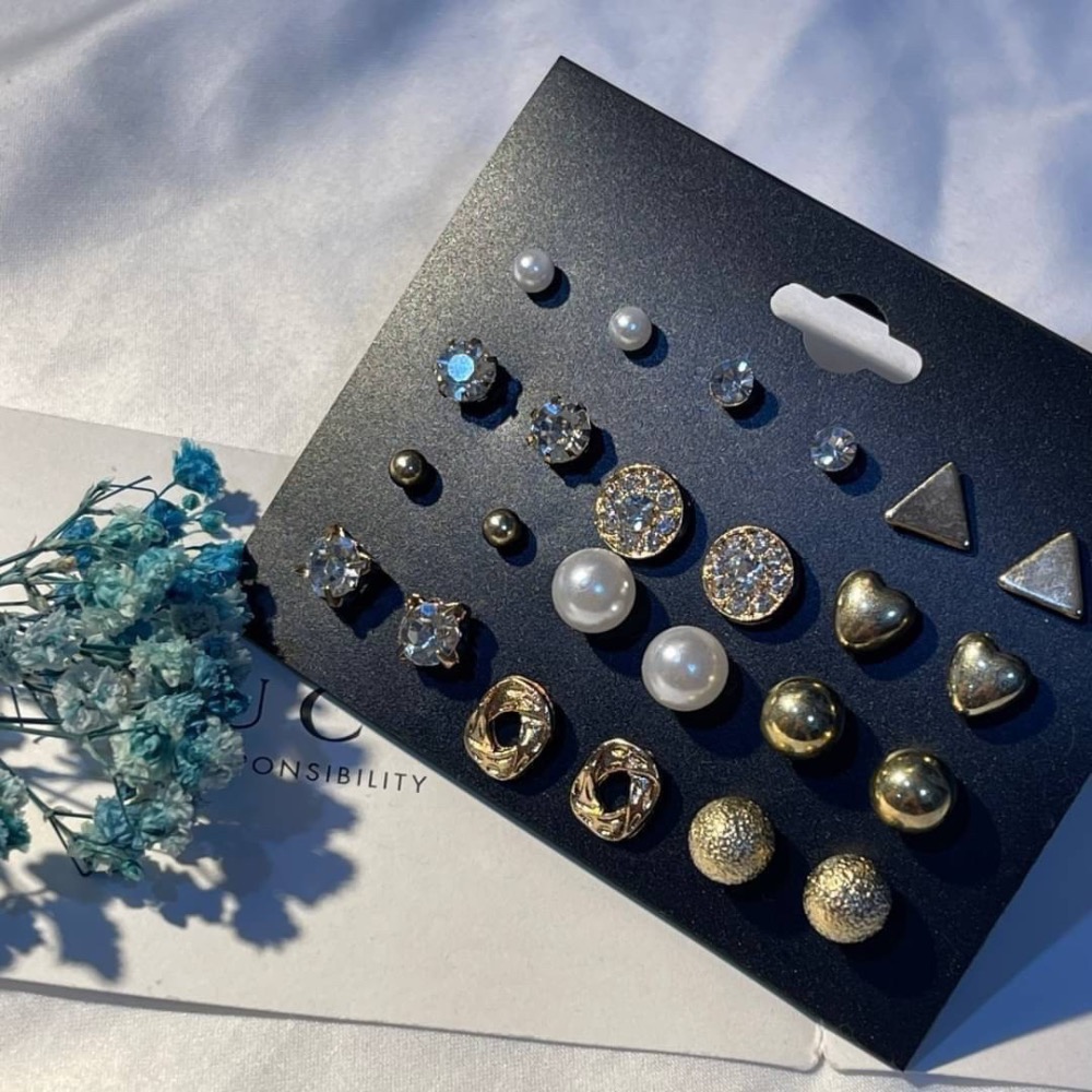 《925銀針》高級感12對鑲鑽金耳環套組-細節圖3