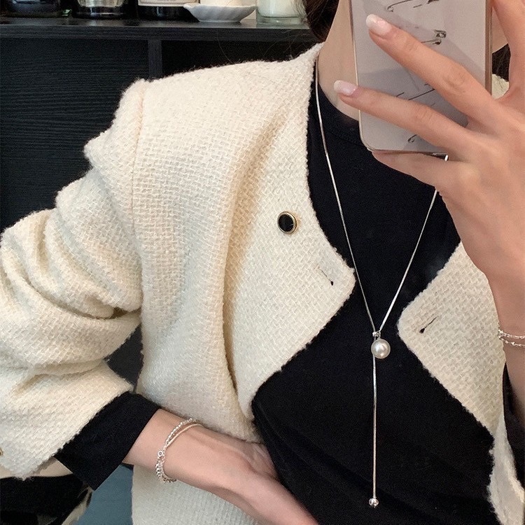 設計感可抽拉珍珠長款項鍊-細節圖2