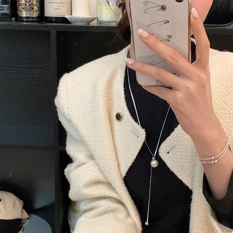 設計感可抽拉珍珠長款項鍊-細節圖3