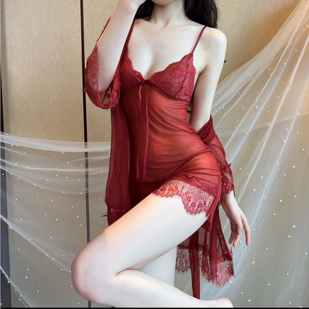 MUYA012 情趣性感睡衣蕾絲誘惑蝴蝶结吊带睡衣繫 带外袍三件式套装 性感睡衣＋外袍＋T褲-細節圖3