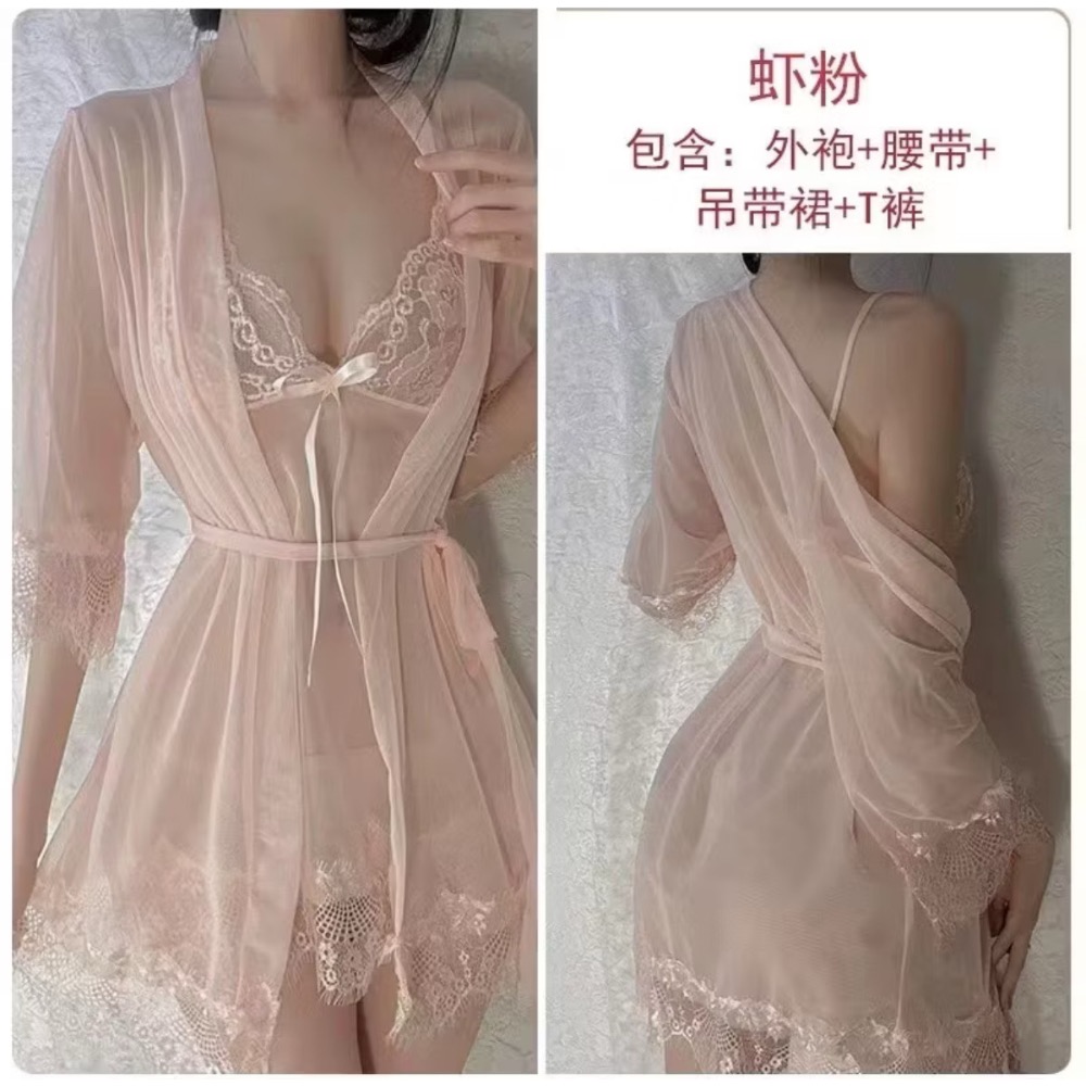 MUYA015情趣性感睡衣蕾絲誘惑蝴蝶结吊带睡衣繫 带外袍三件式套装 性感睡衣＋外袍＋T褲-細節圖2