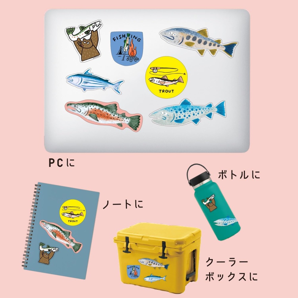 ⎪厭世文具⎪日本Greeting Life CHIC_OKATAOKA_熊抓魚 7入防水貼紙包-細節圖3