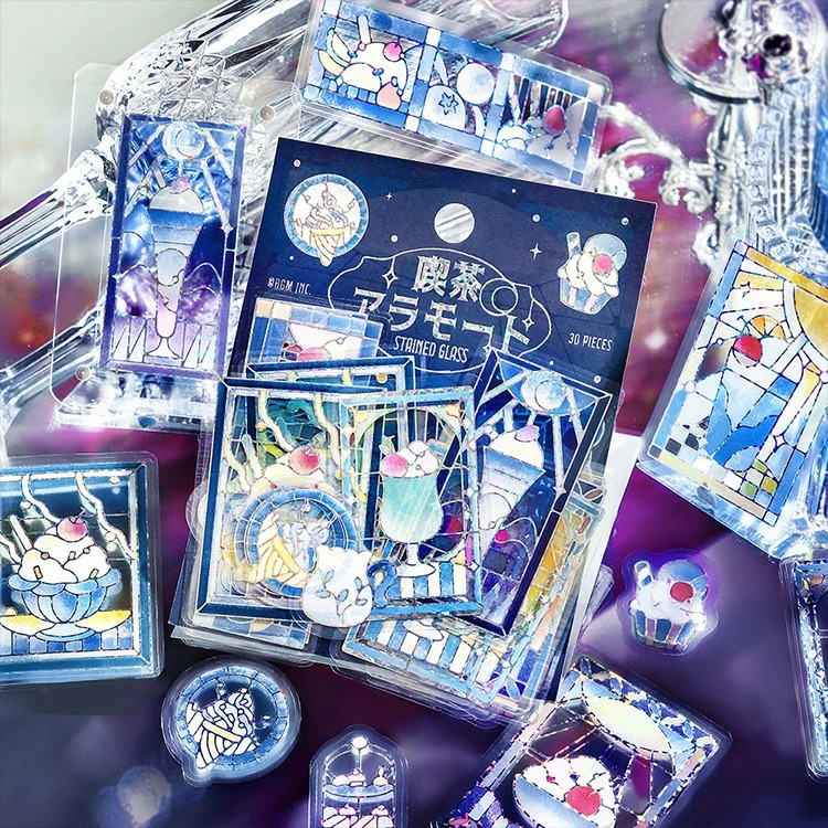 ⎪厭世文具⎪日本 BGM 彩繪玻璃系列 透明燙金貼紙 星空夜晚 蘇打冰淇淋-細節圖2