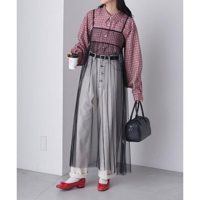 【現貨】孤品 實拍 日系選品💕日單 2WAY胸前綁帶疊穿透膚網紗吊帶裙-細節圖2