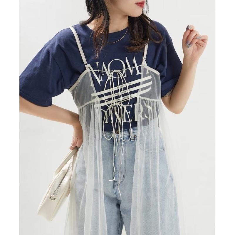 【現貨】孤品 實拍 日系選品💕日單 2WAY胸前綁帶疊穿透膚網紗吊帶裙-細節圖6