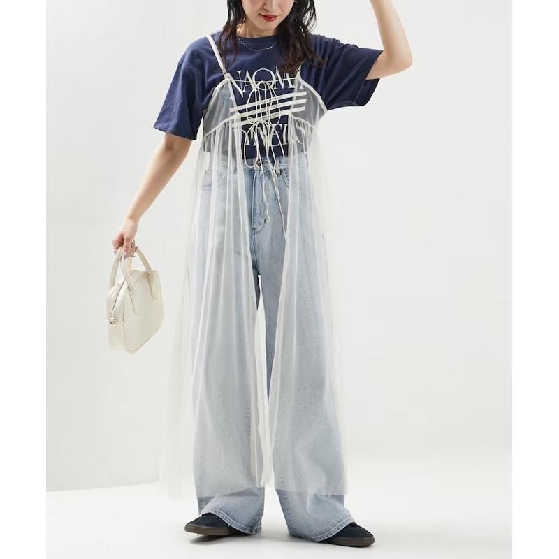 【現貨】孤品 實拍 日系選品💕日單 2WAY胸前綁帶疊穿透膚網紗吊帶裙-細節圖8