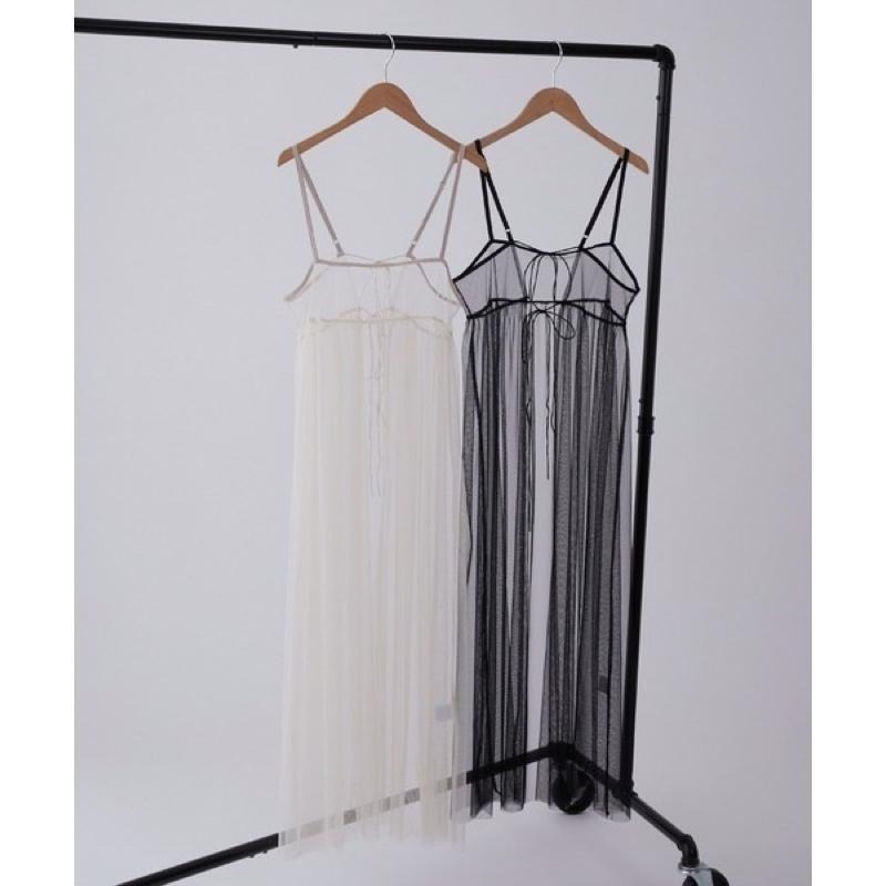 【現貨】孤品 實拍 日系選品💕日單 2WAY胸前綁帶疊穿透膚網紗吊帶裙-細節圖9