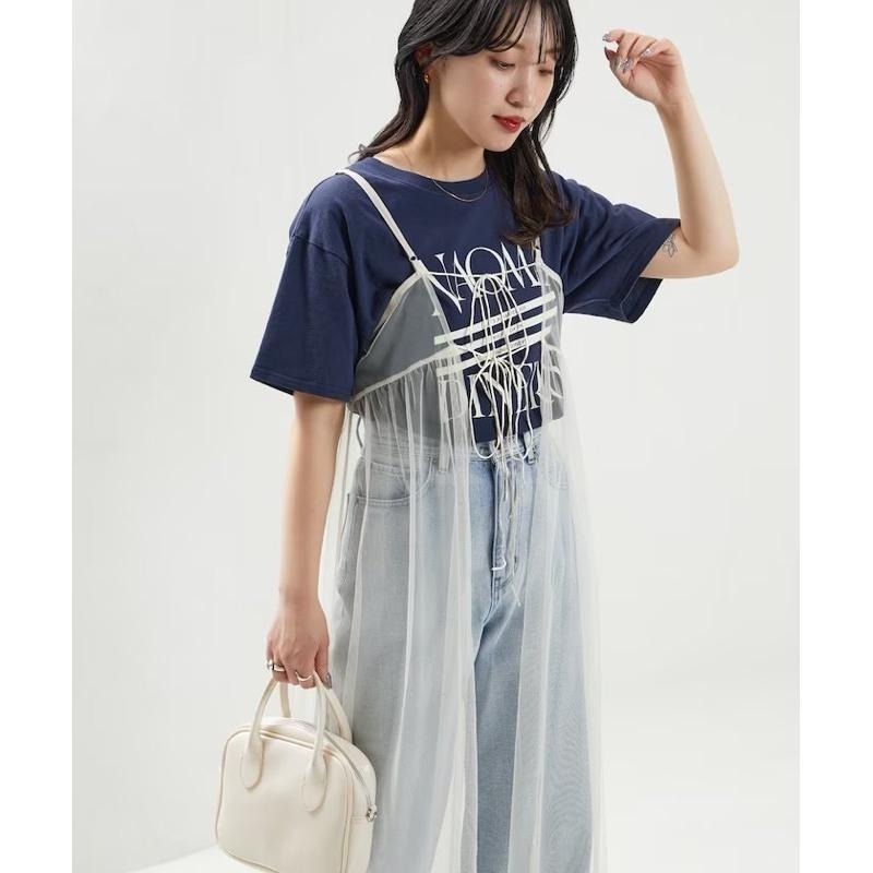 【現貨】孤品 實拍 日系選品💕日單 2WAY胸前綁帶疊穿透膚網紗吊帶裙-細節圖4