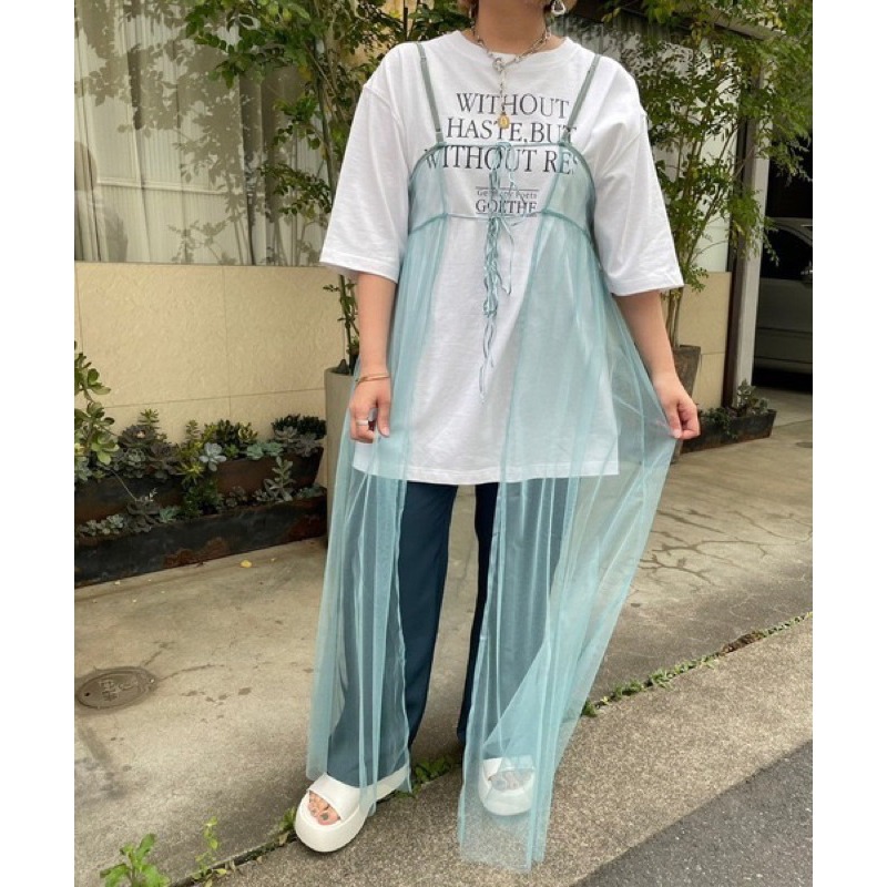 【現貨】孤品 實拍 日系選品💕日單 2WAY胸前綁帶疊穿透膚網紗吊帶裙-細節圖5