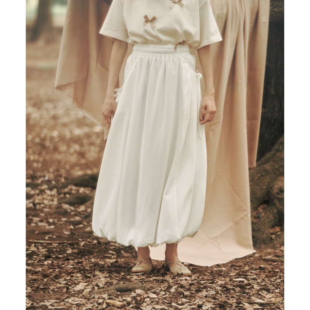 【現貨】 少量 日系選品💕moi日單 日系淡色系可愛顯瘦口袋抽繩蝴蝶結A字花苞長裙 半身群-細節圖2