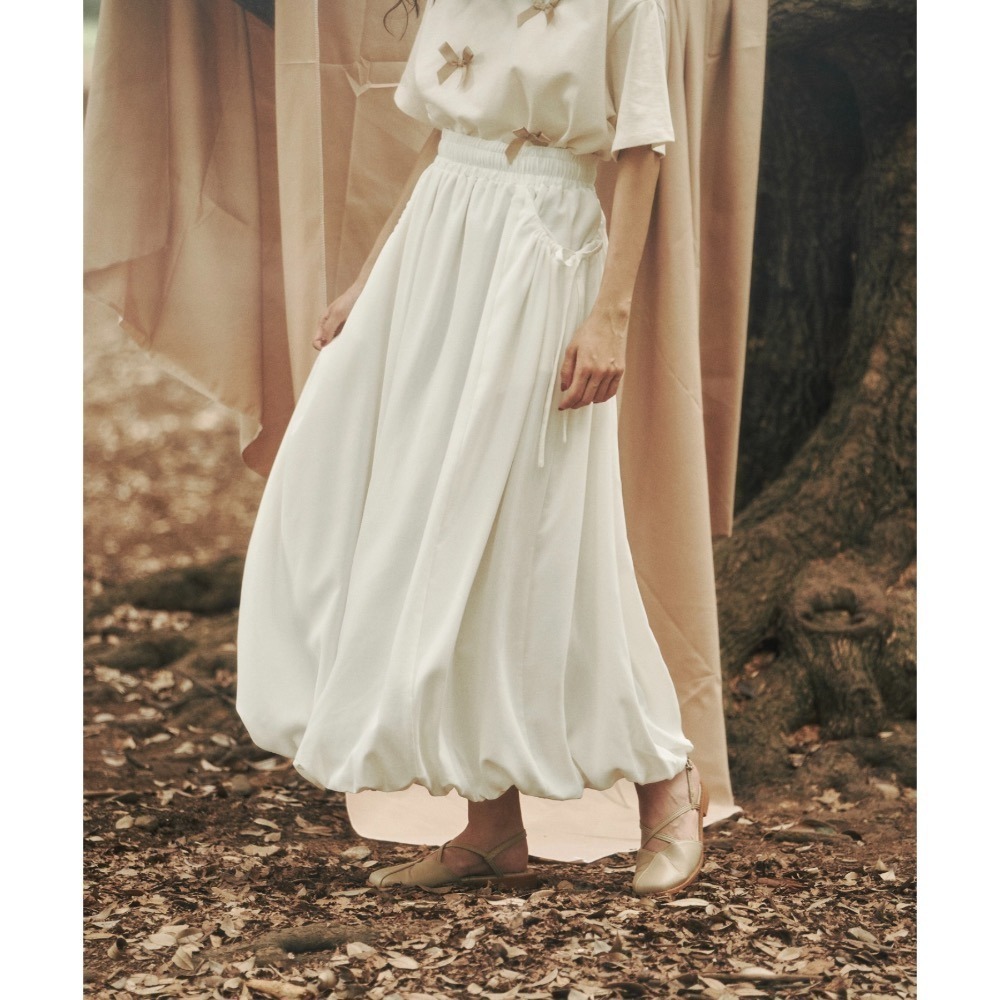 【現貨】 少量 日系選品💕moi日單 日系淡色系可愛顯瘦口袋抽繩蝴蝶結A字花苞長裙 半身群-細節圖3