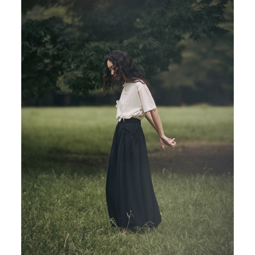 【現貨】 少量 日系選品💕moi日單 日系淡色系可愛顯瘦口袋抽繩蝴蝶結A字花苞長裙 半身群-細節圖4