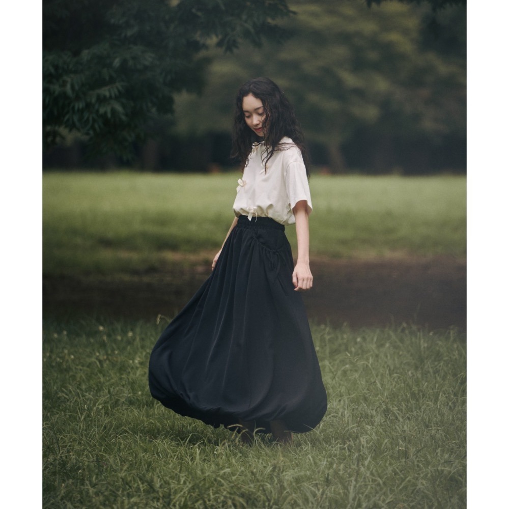 【現貨】 少量 日系選品💕moi日單 日系淡色系可愛顯瘦口袋抽繩蝴蝶結A字花苞長裙 半身群-細節圖6