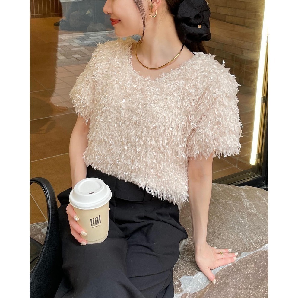 【現貨】 孤品 日系選品💕Hin日單 春夏新款!超美日系光澤感羽毛紗圓領短袖上衣-細節圖4