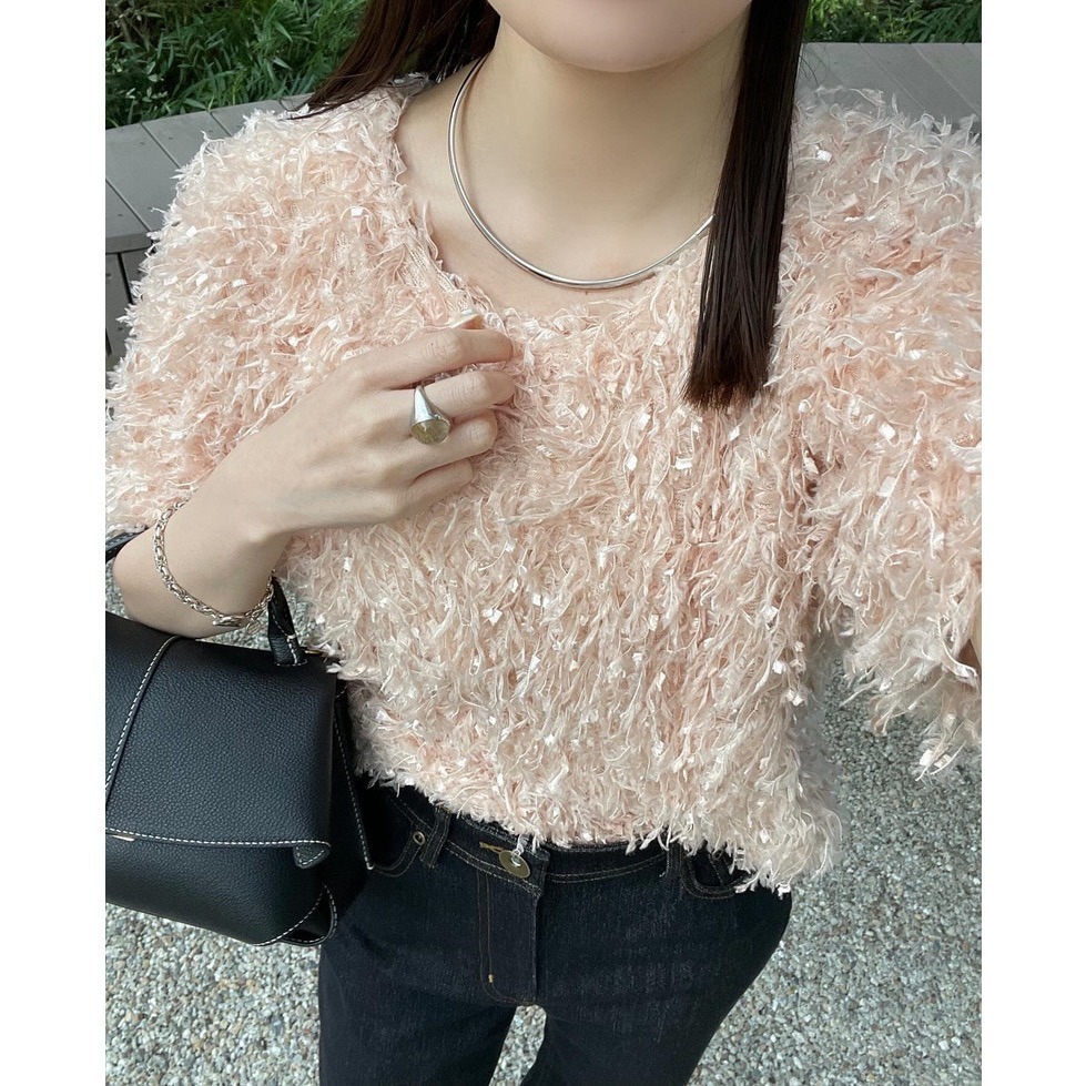 【現貨】 孤品 日系選品💕Hin日單 春夏新款!超美日系光澤感羽毛紗圓領短袖上衣-細節圖7