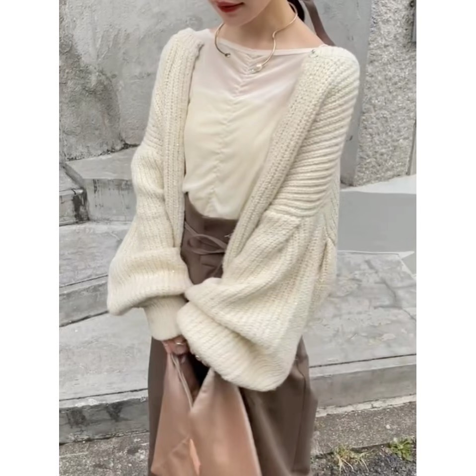 【現貨】25年增新色! 人氣款🔥日系選品💕HIN日單 秋冬新款 閃閃亮片燈籠袖針織毛衣外套-細節圖4